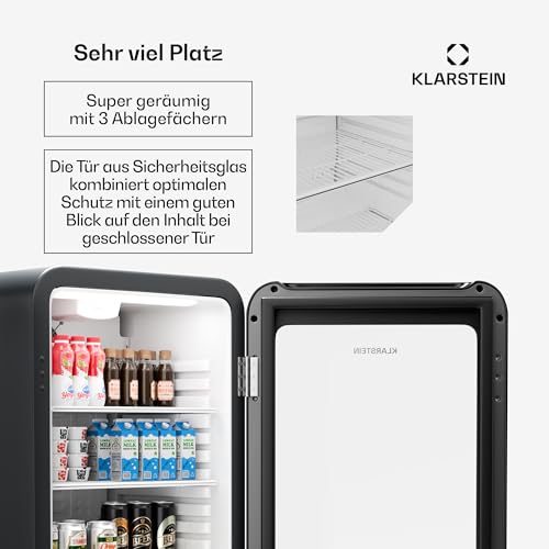 Klarstein Audrey Evo Getränkekühlschrank Mit Glastür - 93L Mini Kühlschrank, Retro-Design, LED-Beleuchtung, Doppelt Verglaste Tür, 0-10 °C, Energieklasse C, Schwarz