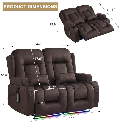 Image of URRED Power Loveseat Recliner Sofa with Massage and Heat, Wall Hugger Reclining Loveseat, RV Couch Home Theater Seating with LED Lights for Living Room (Brown, 54 inch - 2 Seats)