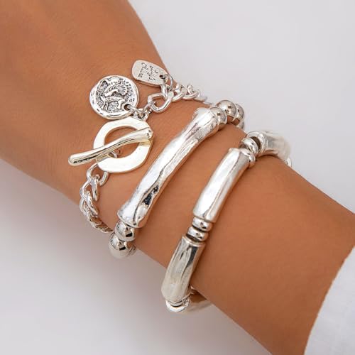 3Pcs Silver Stacked Beaded Bracelets Set Trendy Stretch Elastic Round Beaded Ball Tube Chunky Link Bracelets Layered OT Clasp Cuban Chain Bracelets Dainty Jewelry for Women3