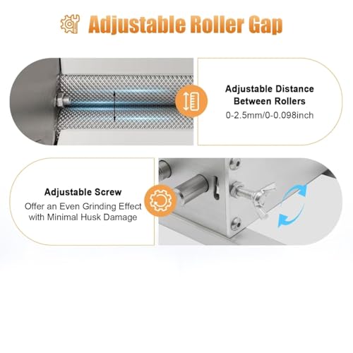 4L 2 Roller Stainless Steel Malt Crusher, Heavy Duty Malt Mill, Homebrew Grain Crusher, Adjustable Barley Grinder, Low Speed Drill Available Manual Mill