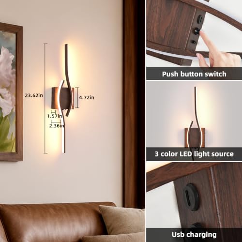 Image of Battery Operated Wall Sconces Set of Two, Walnut 23.6 inch 3 Color LED dimmable Wireless Wall Sconce with Remote Control, USB Rechargeable Wall Lights for Living Room Bedroom Hallway Background