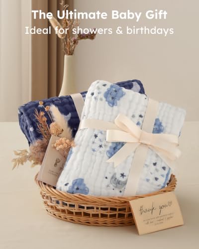 Image of Yoofoss Hooded Baby Towels for Newborn 2 Pack 100% Muslin Organic Cotton Baby Bath Towel with Hood for Babies, Infant, Toddler and Kids, 32x32Inch, Soft and Absorbent Newborn Essential, Blue Clouds