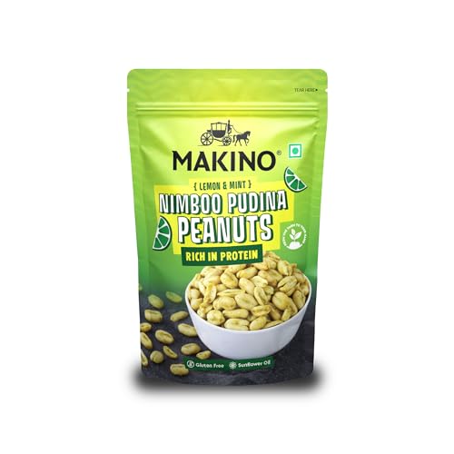 Image of Makino Nimboo Pudina Roasted Peanuts, 140g | Tangy Lemon Mint Flavour Peanut Snack | High Protein & Fiber Rich | Gluten Free, Zero Cholesterol & Trans Fat Free | Only Roasted Not Fried | Crispy Crunchy Healthy Namkeen