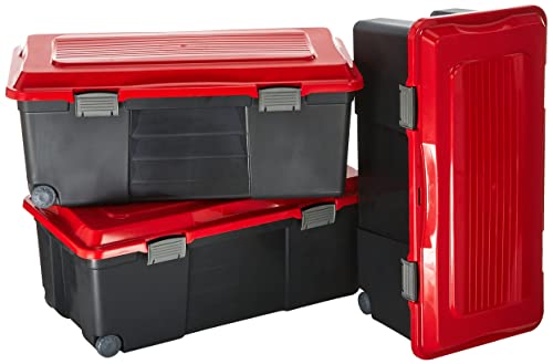 SUNDIS | Lot de 3 Malles de Rangement CAMPER - 2 roues, 2 poignées et 4 clips de fermeture - 75 Litres - Rouge / Noir - 4552002