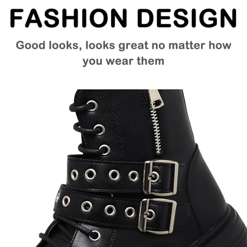 Image of Men's Black Leather Platform Ankle Boots Lace up Side Zip Adjustable Buckle Lug sole Non-Slip Combat Booties Fashion Punk Motorcycle Boots