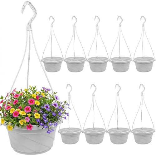 Image of DOITOOL 10 Pack Hanging Plastic Pots for Plants with Hook, Garden Flower Plant Pot Container Baskets Hanging Nursery Planter Holder for Indoor Outdoor Garden Decor (White,6.7 Inch)