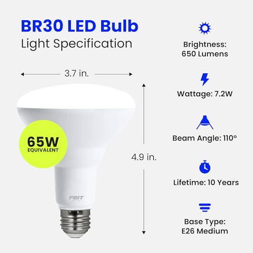 Feit Electric BR30 LED Light Bulb, 65W Equivalent, Dimmable, 650 Lumens, E26 Standard Base, 2700K Soft White, 90 CRI, Recessed Can Light Bulbs, 12-Year Lifetime, BR30DM927CA10K/MP/12, 12 Pack