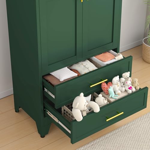RISTERN 71” Metal Storage Cabinet with 2 Doors, 1 Adjustable Shelf and 2 Draws, Armoire Wardrobe Closet with Hanging Rods for Home Office, Bedroom, Living Room (Green)