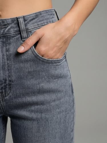 Image of Urbano Fashion Women's High Rise Straight Fit Washed Jeans Non-Stretchable