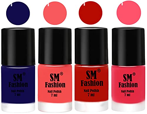 Image of Nail Polish Combo Set (Pack of 4) Quick Dry Gel Finish Nail Paint | Dark Blue,Light Pink,Red Orange,Dark Pink | 7 ml Each
