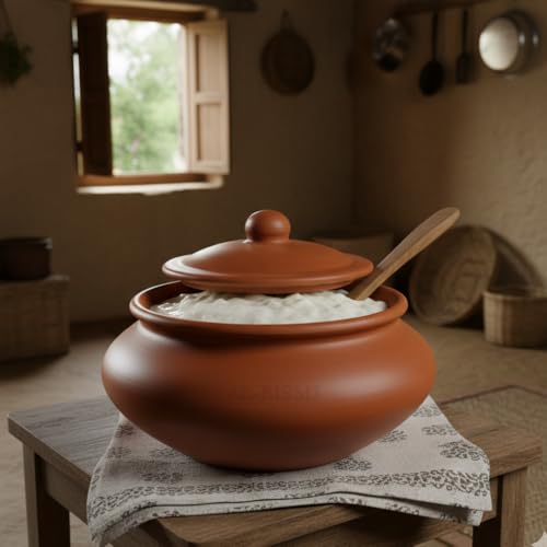 Image of AL-BISMI 1.3 Liter Chini Mitti Ke Bartan Clay Cooking Pot with Lid, Earthen Curd Pot, Biryani Handi, Curd Maker