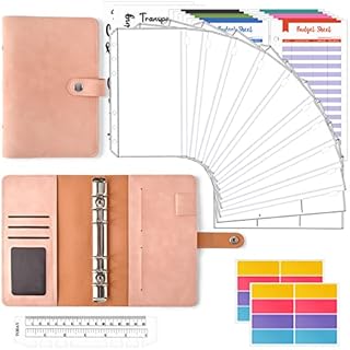 Cooyou 30 Pack Budget Envelope Binder Set, A6 PU Leather Budget Binder with 12 Budget Sheets 10 Clear Zippered Pockets 1 Ruler 2 Stickers for Budget Planner, Pink