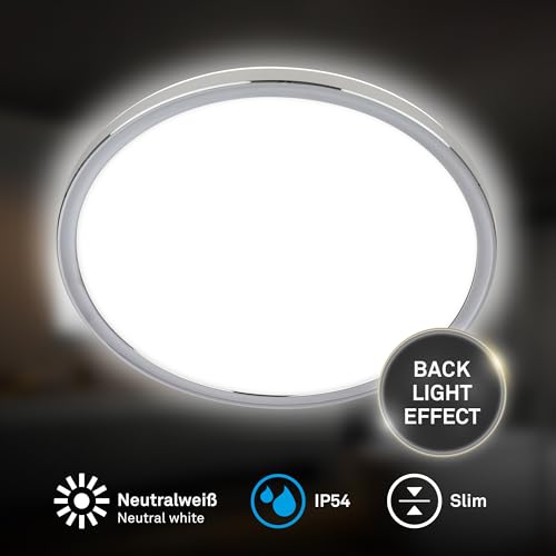BRILONER - LED Deckenlampe Bad mit indirektem Licht, flach, IP54 Staub- Spritzwasserschutz, Deckenleuchte, LED Panel, Badlampe, Badezimmerlampe, Küchenlampe, Feuchtraumleuchte, 42x2,8 cm, Chrom