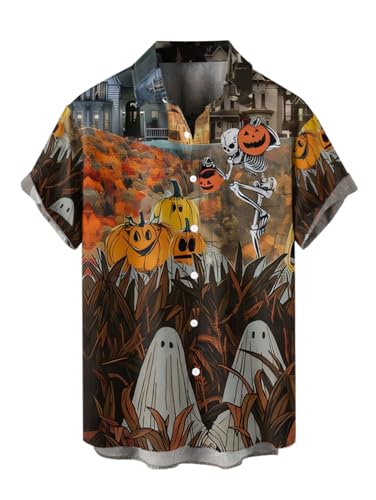 DRESSFO Men's Halloween Skeleton Pumpkin House Print Roll Up Sleeve Shirt – Short Sleeve Button Up Casual Polo Collar Shirt (Men/Large/Black2 Men Shirt)