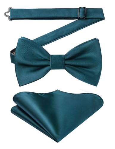 Image of HISDERN Bow Ties for Men Solid Color Pre-Tie Bow Tie and Pocket Square Set Classic Formal Tuxedo Bowties for Wedding Party