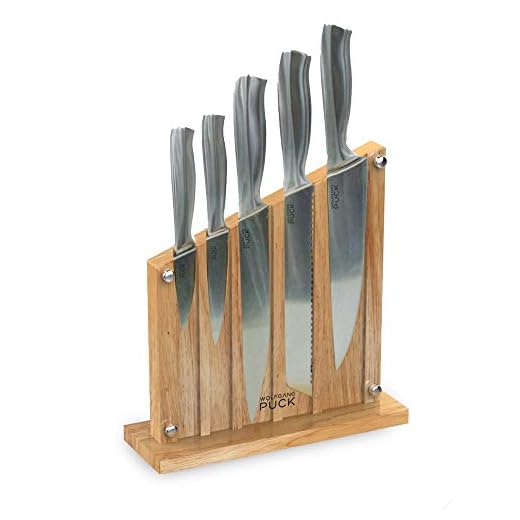 Wolfgang Puck 6-Piece Fully-Forged Stainless Steel Knife Set with Knife Block; Carbon Stainless Steel Blades and Ergonomic Handles; Blonde Wood Block with Acrylic Safety Shield; Chef Quality Cutlery