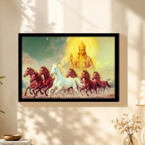 Image of PAINTINGMANRA Shurya Dev 7 Running Horses Framed Wall Art Painting For Living Room Seven Horse Vastu Feng Shui Poster with frame for Wall, Decoration item for bedroom, 10x13 Inch