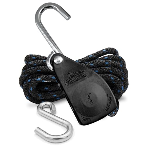 Rope Ratchet 3/8" Tie Down, 250 lb Capacity Block & Tackle Pulley System with Hooks, Adjustable Hanger for Kayaks, Canopies, Tents, 8' Braided Polypropylene Rope, Ideal for Roof Rack, Canoe Tie Downs