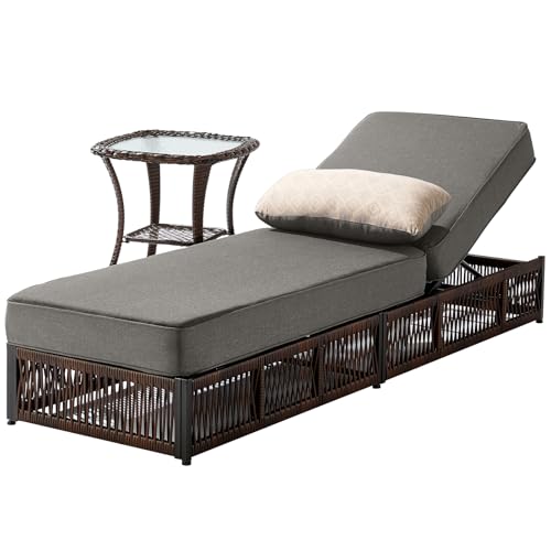 Luxury-2PCS-Outdoor-Chaise-Lounge-and-Side-Table-Set-with-5-Inch-Thick-Cushions-High-Back-Brown-Wicker-Patio-Recliners-Chairs-Lounger-for-Poolside-Pool-Porch-Garden-Sunbathing-Grey Luxury 2PCS Outdoor Chaise Lounge and Side Table Set with 5 Inch Thick Cushions - High Back Brown Wicker Patio Recliners Chairs Lounger for Poolside Pool Porch Garden Sunbathing - Grey - Image 1