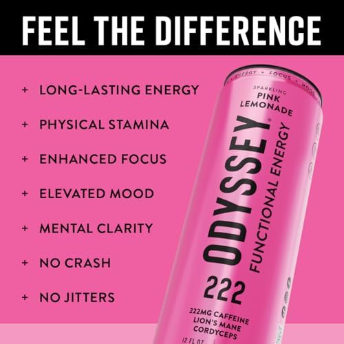 Image of Odyssey Functional Energy Drink, Pink Lemonade, 222mg Green Tea Caffeine, Clean Energy & Focus, Low Calorie, No Added Sugar, No Crash, Lion's Mane & Cordyceps, 12 Pack 12 Fl Oz