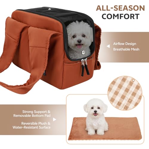 Dog Purse Carrier for Small Dogs and Cats, Soft-Sided Pet Tote Bag with 6 Large Pockets, Collapsible Travel Puppy Carrier, Fits Pets up to 13 lbs (Caramel, 15.7" L x 8" W x 11.8" H) by PONEISH - Used condition - Image 3
