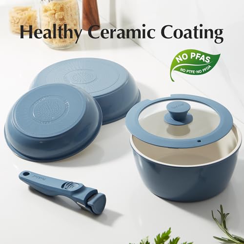 Redchef 5pcs Ceramic Pots and Pans Set Non Stick, Nonstick Kitchen Cookware Set with Detachable Handle, PFAS PFOA & PTFE Free, RV Ceramic Cookware Set for Camping, Oven Safe(Blue - Image 3