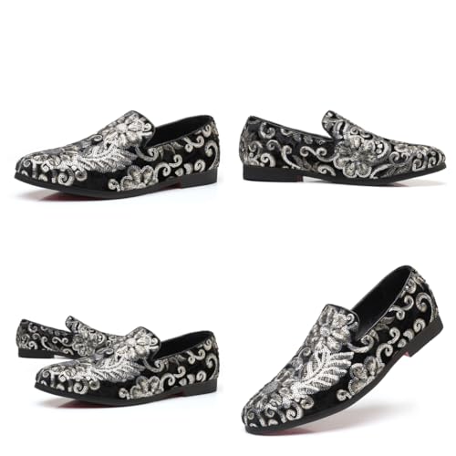 Men's Velvet Sequins Embroidered Slip On Dress Loafers Shoes Round Toe Lightweight Non Slip Sole Shiny Decorative for Weddings Parties Formal Events Office Church2