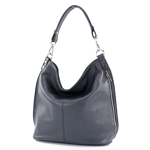 modamoda de - T177 - ital. Damen Schultertasche aus Leder, Farbe:Dunkelblau