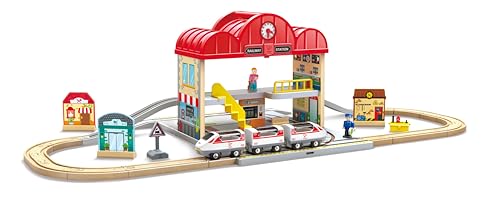 Hape Tragbares Bahnhof-Set aus Holz, Züge für Kinder, Schienen, Bahnhof und Figuren, leicht zu tragen