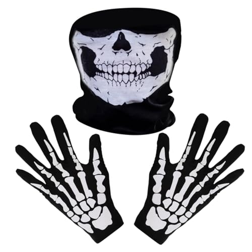 Tatuo Guantes de Esqueletos Blancos y Máscara de Cara de Calavera Huesos de Fantasmas para Adultos Halloween Fiesta de Disfraz de Danza (1)