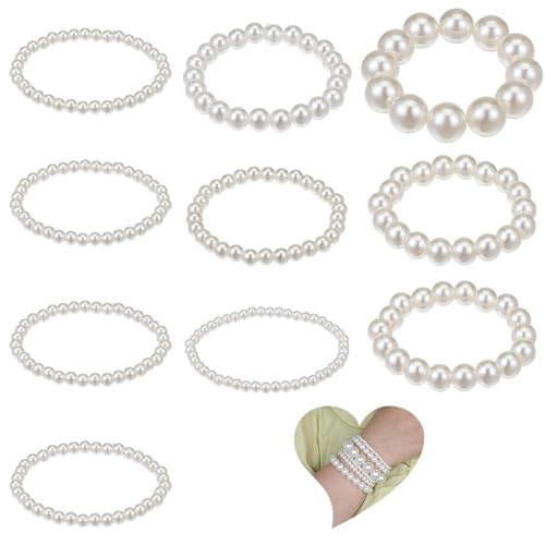 10 Pcs Pearls Bracelets for Women, White Stretch Bridesmaid Pearl Bracelets Boho Jewelry Stackable Faux Pearl Bracelet for Lady PearlBeaded Bracelet for Halloween Prom Party Christmas Gift