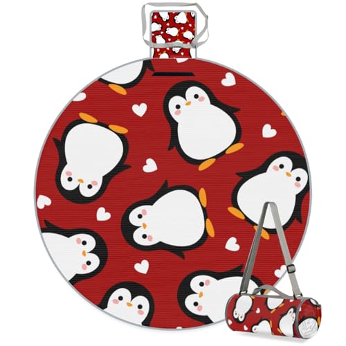 Shimoshe Love Penguin Picnic Outdoor Blanket Foldable Waterproof Sandproof Beach Blanket Portable Water-Resistant Round Picnic Mat for Travel Camping Park Lawn