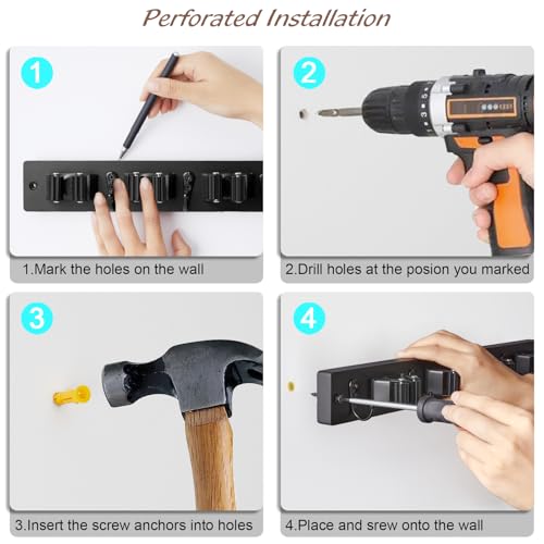 OUTNILI Mop and Broom Holder Wall Mount - Black Broom Mop Hanger - Wall Mounted Garden Tool Rack Organizer for Closet Garage Laundry Room Kitchen Decor With 5 Slots & 4 Hooks - Image 7