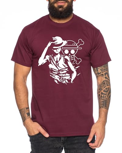 Tee Kiki Ruffy Hand - Camiseta para Hombre Sombrero de Paja Luffy Zoro One Monkey D. Pirate Ace Piece Goku Anime Ruffy, Talla:L, Color:Borgoña
