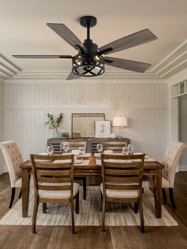 Image of 52 Inch Farmhouse Ceiling Fan with Lights Remote Enclosed Caged Fandelier Ceiling Fan Black Rustic Chandelier, 5 Dual Blades, Reversible Quiet DC Motor 6 Wind Speeds Timer for Bedroom Patio