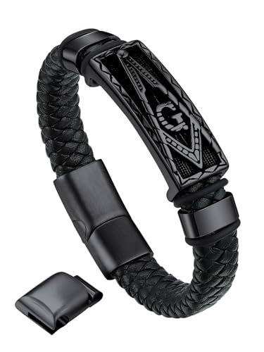 Bandmax Pulsera Negra de Piel Hombre Pulsera de Cuero Mason Cordones Trenzado Simbolo Escuadra Compas, Pulsera Cuero Hombre 23cm Ajustable