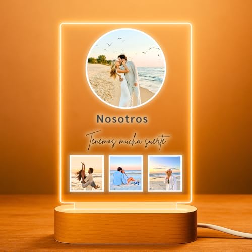 Cristal Plaque Candeeiro para fotos 'nós' – presente para homem e mulher com 4 fotografias e dedicatória – candeeiros personalizados em metal com luz LED para aniversários e casamentos