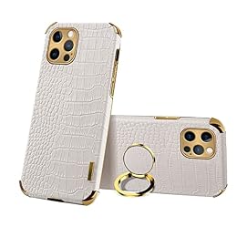 Guppy Compatible with iPhone 16 Pro Ring Holder Case Luxury Crocodile Cover Gold Edge 360 Degree Rotation Stand Compatible with Women Slim Leather Snake Lizard Skin Protective Cover case,White