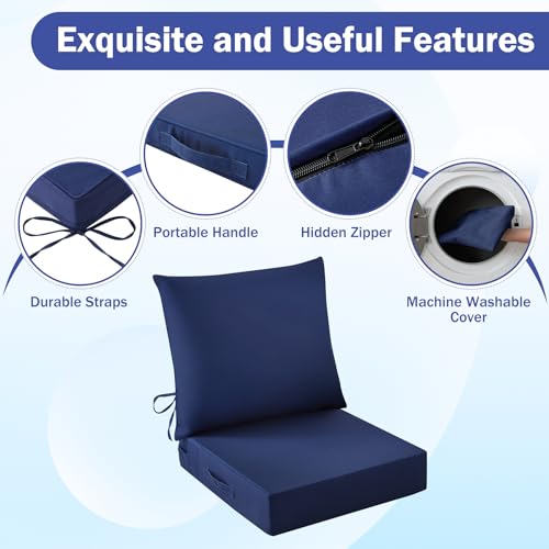 Image of Outdoor Chair Cushions, 24 x 24 Inch Outdoor Cushion for Patio Furniture, Patio Chair Cushion, Waterproof & Fade Resistant Deep Patio Furniture Cushions Set with Handle and Ties, Navy Blue (Set of 6)