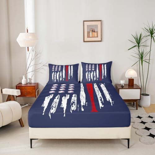 Image of Castle Fairy Baseball Printed Sheet Set Kids Boys Girls American Flag Fitted Sheets Set Full Size Sports Games Bedding Sheet Sets Includes 1 Flat Sheet,1 Fitted Sheet,2 Pillowcases