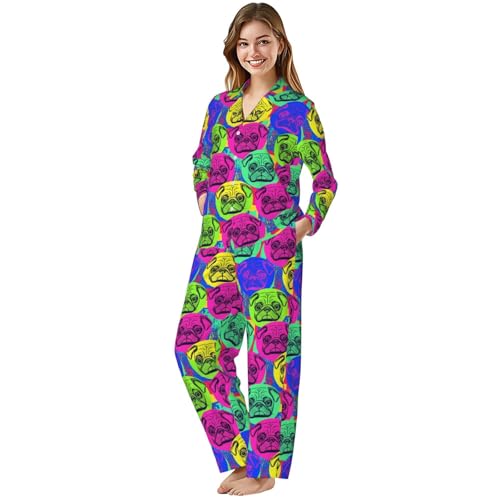 Image of Women'S Long Sleeve Pajama Set Soft Loungewear Button-Down Top & Elastic Waist Pants S- 2XL