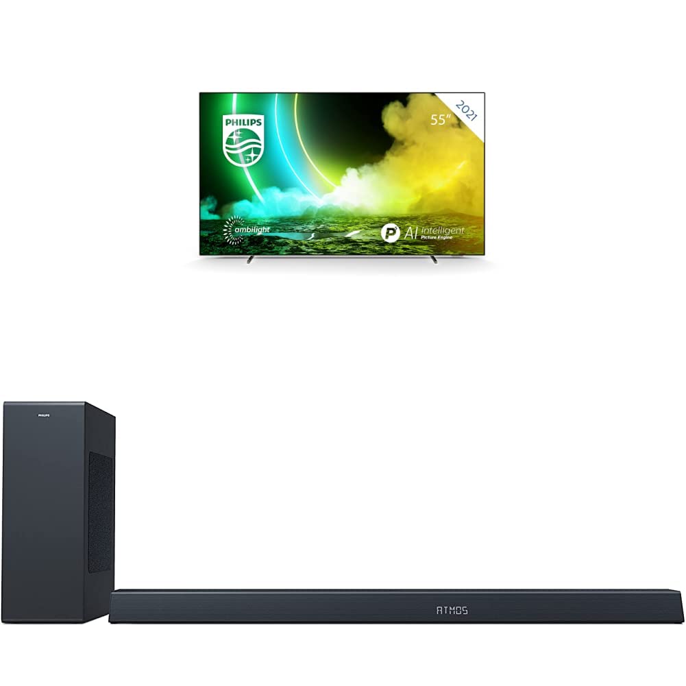 Philips Ambilight 55OLED705/12 55-Inch OLED TV (4K UHD, P5 Engine with AI, Dolby Vision∙Atmos, Freeview Play, Works with Alexa, Android TV) with Soundbar B8805/10 incl. Subwoofer (400 W, Dolby Atmos)