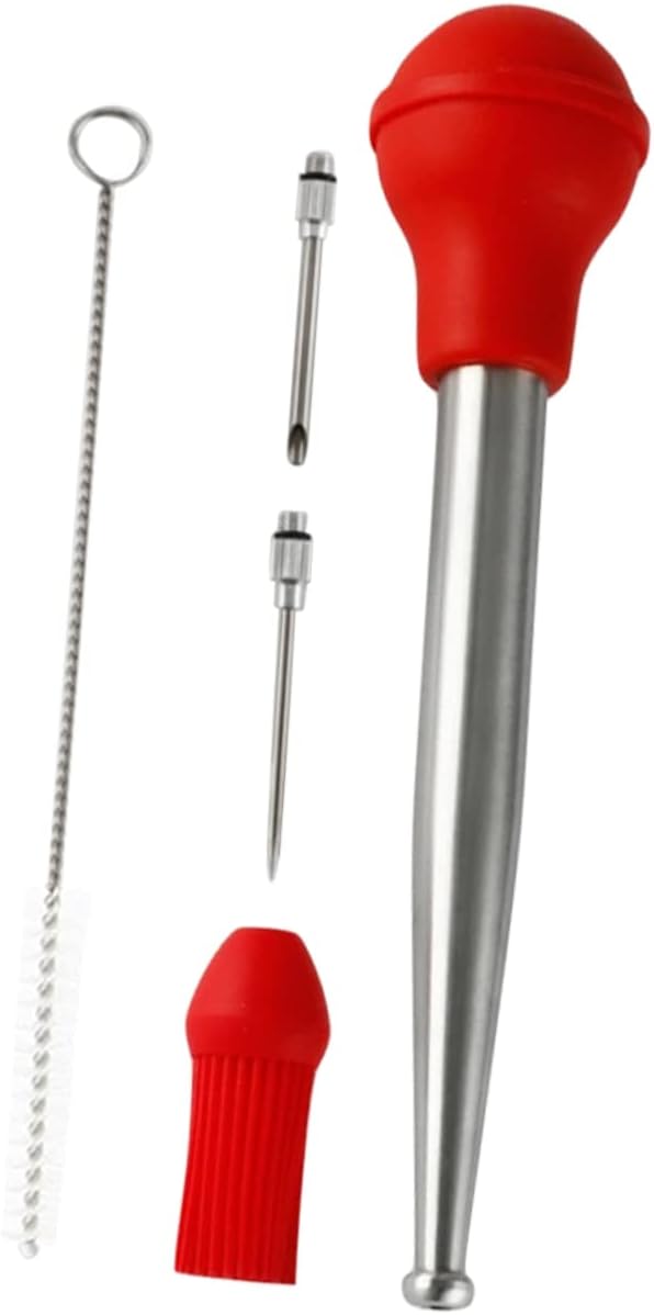 304 Stainless Steel Turkey Baster and Flavor Injector Set Silicone Brush Easy to Use Marinade Syringe for BBQ Cooking and Grilling