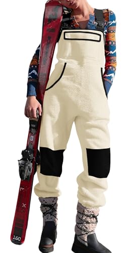 Yousify Women Overalls Sherpa Fleece Jumpsuits Fuzzy Winter Outfits 2024 Loose Pants Warm Snow Bibs with Pocket Beige S