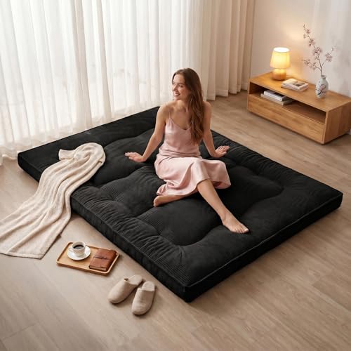 NLDD Futon Mattress Queen Size, 4\" Thicken Japanese Futon Mattress Sleeping Pad, Corduroy Foldable Floor Mattress, Roll Up Tatami Mat for Adults Guest Room Bedroom, Black