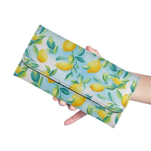 Image of AFPANQZ Leather Wallets for Women, Lemon Print RFID Blocking Checkbook Wallet with Cit Card Slots Phone Holder Zip Pocket, Buckle Closure, Ladies Purse
