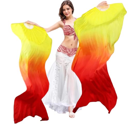 Aumulen Women 1 Pair Hand Made Silk Belly Dance Fan Veils Long Bamboo Fan for Dancing (150 * 90cm, Yellow orange red)
