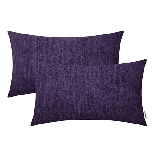 Image of BRAWARM Pack of 2 Bolster Pillow Covers Cases for Couch Sofa Home Decoration Solid Dyed Striped Soft Chenille 12 X 20 Inches Plum Purple