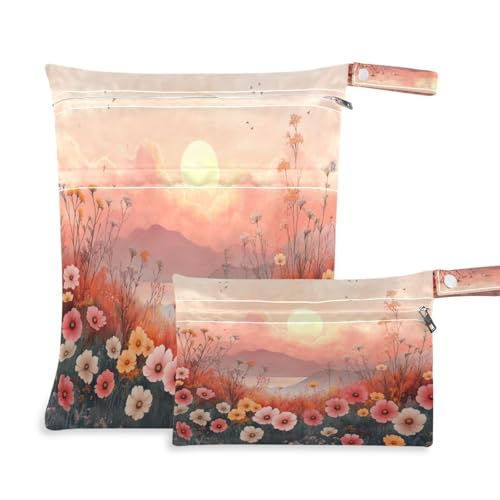 ATTX Wildflowers by The Sea Wet Dry Bags 2-Pack - Reusable Cloth Diaper Storage for Travel, Beach & Gym | Multi-Use Waterproof Bags for Swimsuits, Baby Clothes, Sports Gear#218