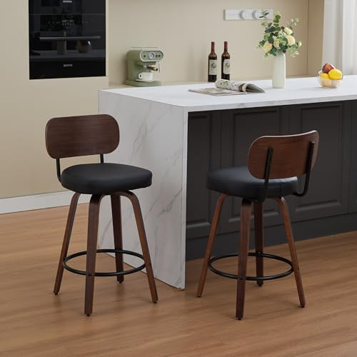 Image of YaFiti Swivel Bar Stools Set of 4, 26 inch Upholstered Faux Leather Counter Height Barstools with Walnut Back & Bentwood Legs, Mid Century Modern Bar Chairs Island Stools for Kitchen Counter, Black PU